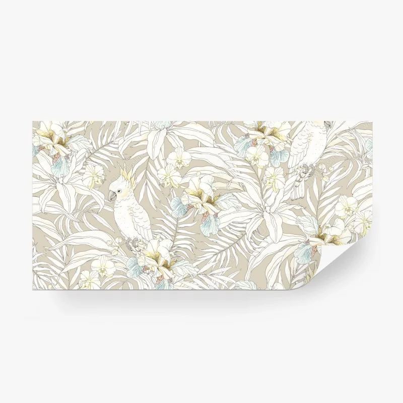 Papier peint décor tropical aux cacatoès et orchidées sur fond beige – Wallnifity® Papier peint décor tropical aux cacatoès et orchidées sur fond beige – Wallnifity®