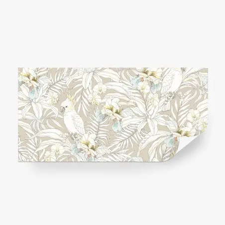 Papier peint décor tropical aux cacatoès et orchidées sur fond beige – Wallnifity®