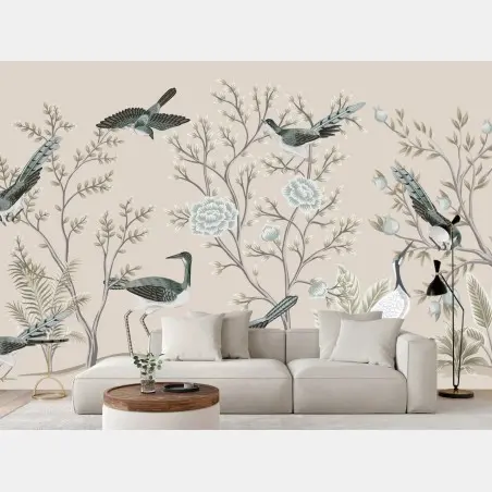 Papier peint jardin d'oiseaux et feuillages aux tons pastel – Wallnifity®