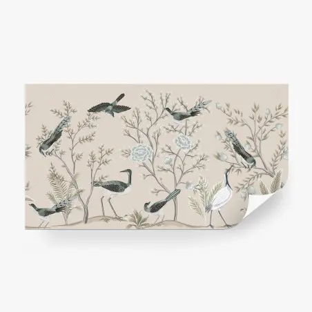Papier peint jardin d'oiseaux et feuillages aux tons pastel – Wallnifity®