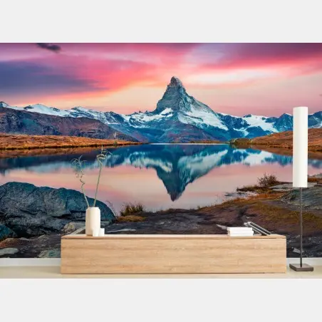 Papier peint lever matinal sur le lac Stellisee et le Cervin – Wallnifity®