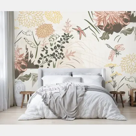 Papier peint motif floral délicat aux libellules – Wallnifity®