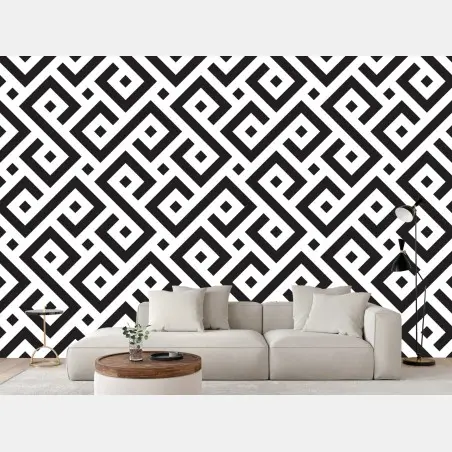 Papier peint motif méandre géométrique noir et blanc pour décoration murale – Wallnifity®
