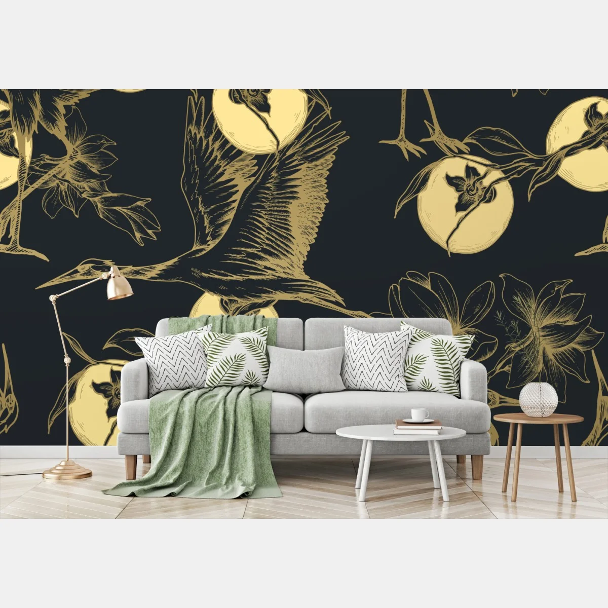 Papier peint hérons et lunes dorées sur fond sombre – Wallnifity® Papier peint hérons et lunes dorées sur fond sombre – Wallnifity®