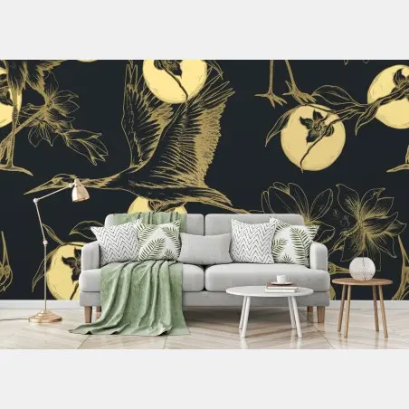Papier peint hérons et lunes dorées sur fond sombre – Wallnifity®