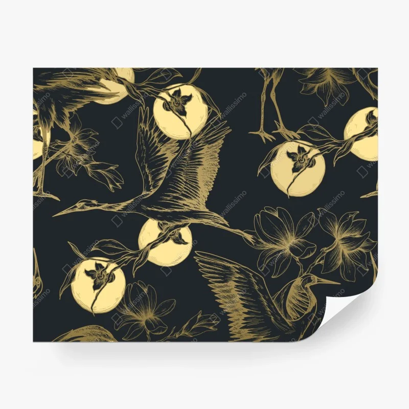 Papier peint hérons et lunes dorées sur fond sombre – Wallnifity® Papier peint hérons et lunes dorées sur fond sombre – Wallnifity®