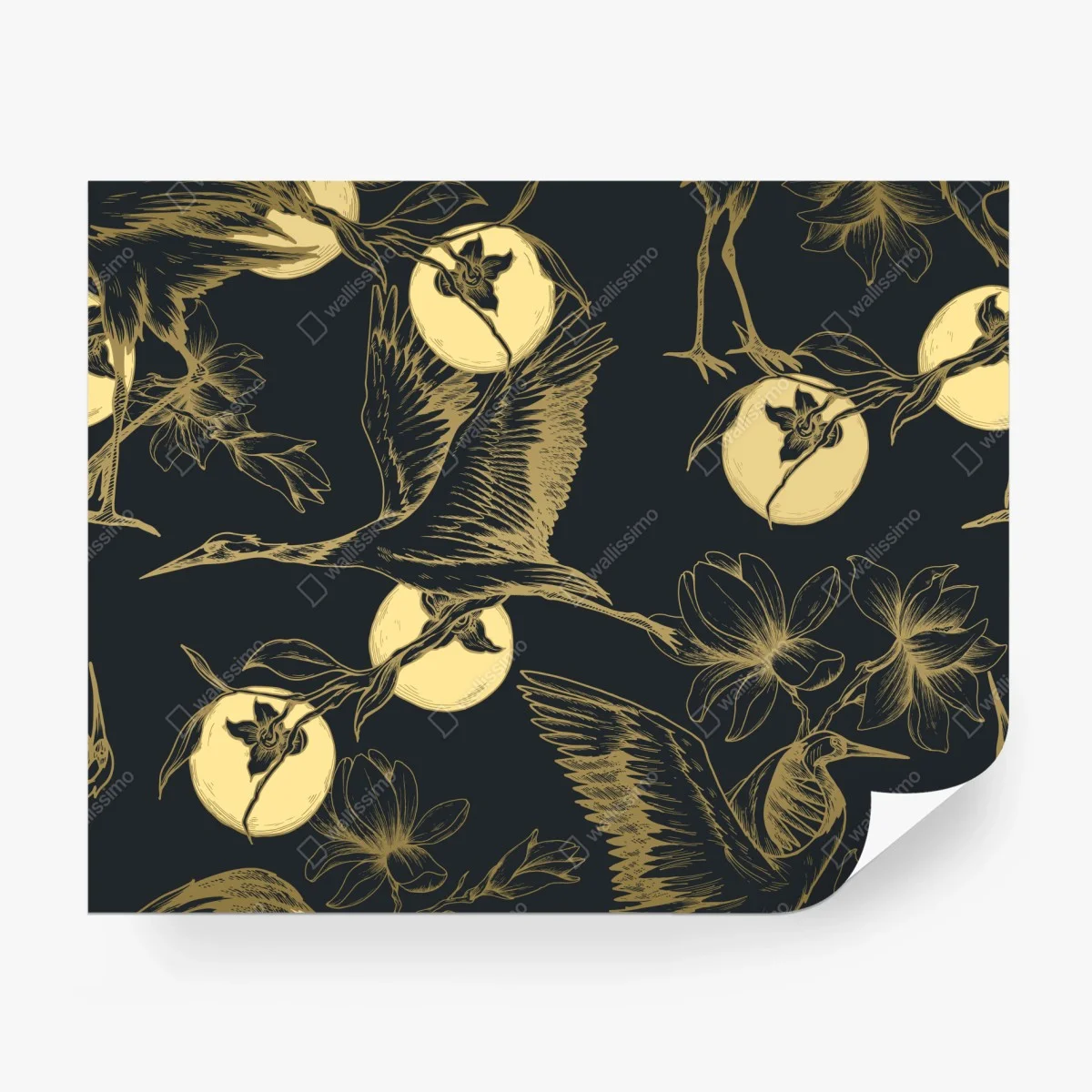 Papier peint hérons et lunes dorées sur fond sombre – Wallnifity® Papier peint hérons et lunes dorées sur fond sombre – Wallnifity®