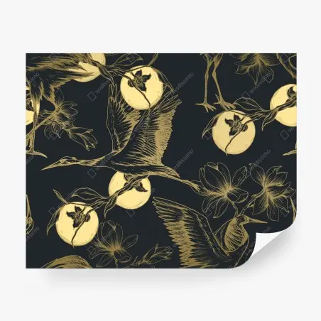 Papier peint hérons et lunes dorées sur fond sombre – Wallnifity®