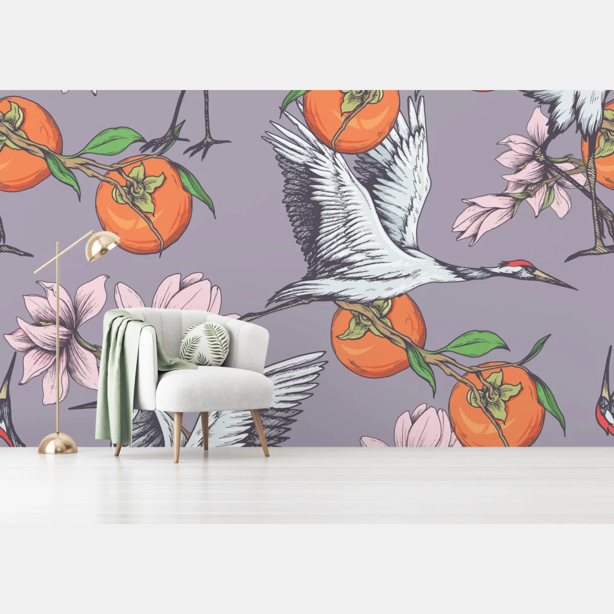 Papier peint motif élégant de grues, kakis et magnolias sur fond violet – Wallnifity® Papier peint motif élégant de grues, kakis et magnolias sur fond violet – Wallnifity®
