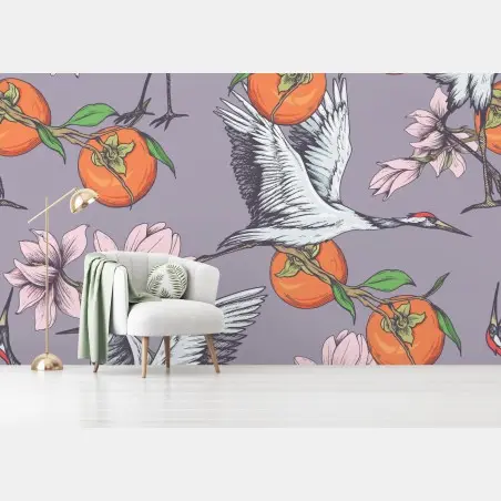 Papier peint motif élégant de grues, kakis et magnolias sur fond violet – Wallnifity®