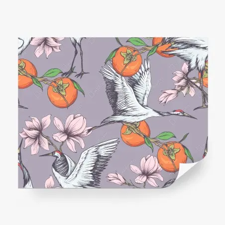 Papier peint motif élégant de grues, kakis et magnolias sur fond violet – Wallnifity®