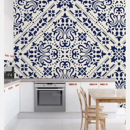 Papier peint motif damassé bleu marine sur fond crème – Wallnifity®