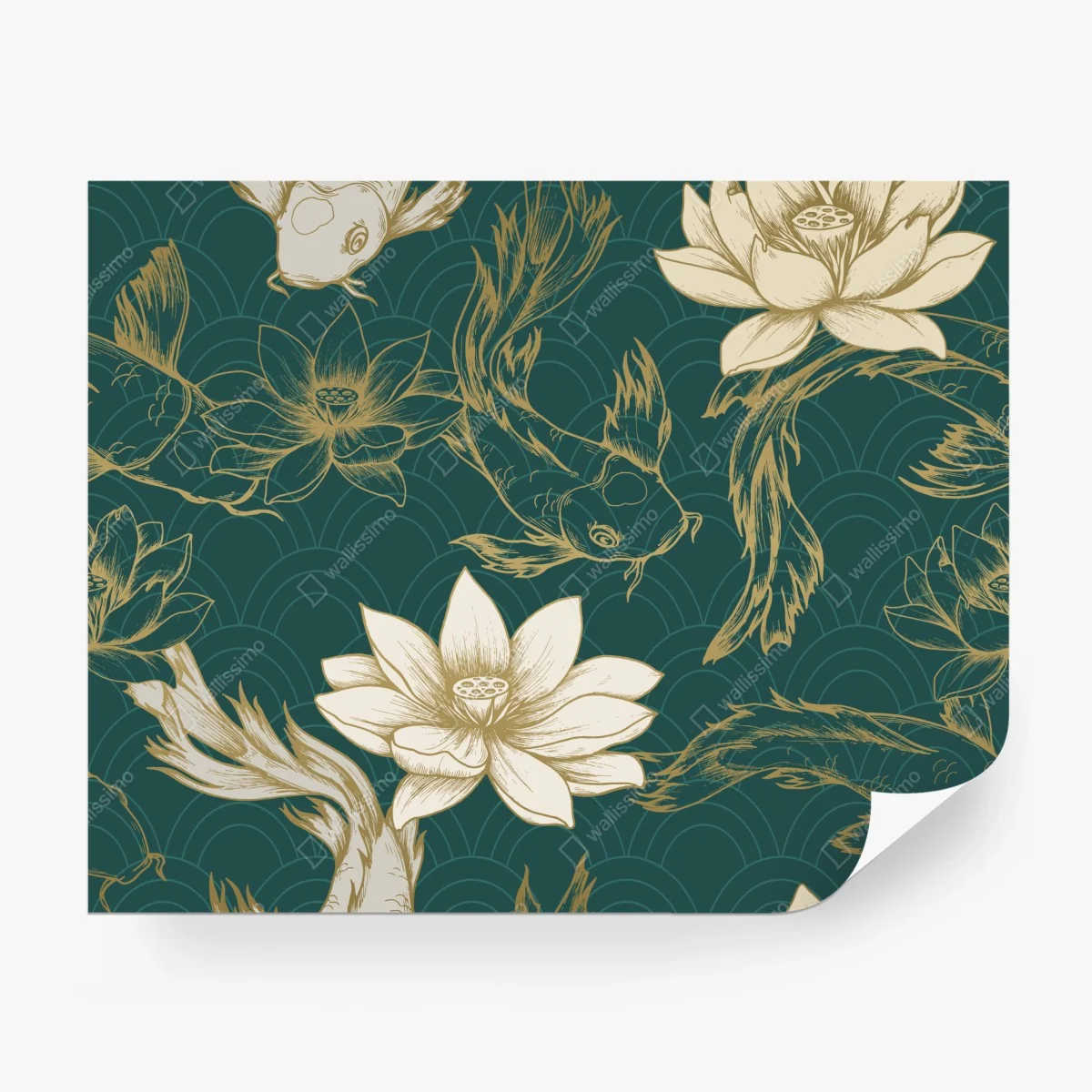 Papier peint motif lotus et carpes koi sur fond vert émeraude – Wallnifity®