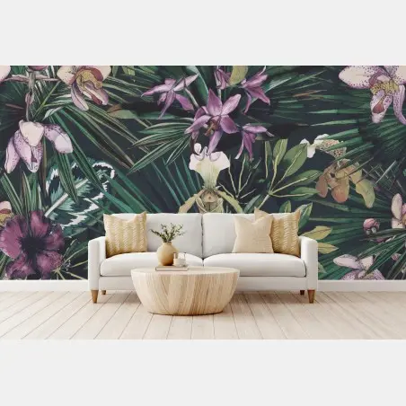 Papier peint paradis tropical aux orchidées aquarellées – Wallnifity®