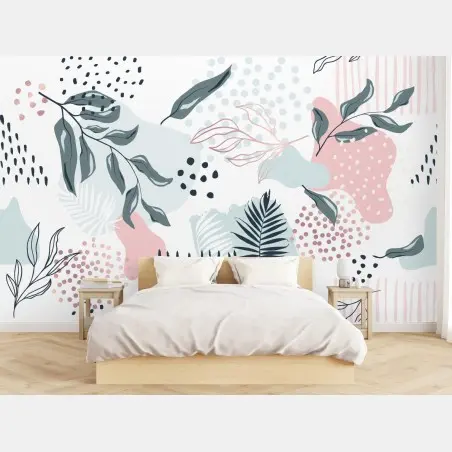 Papier peint motif botanique abstrait aux tons pastel – Wallnifity®