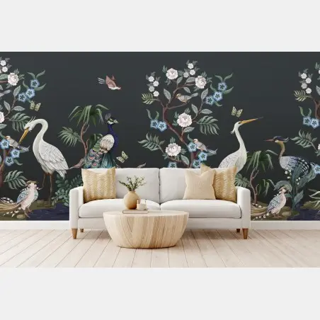 Papier peint jardin d'oiseaux exotique au paon et fleurs – Wallnifity®