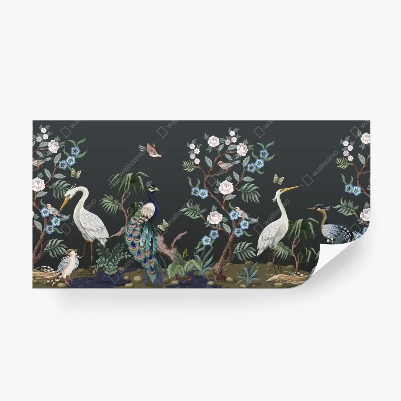 Papier peint jardin d'oiseaux exotique au paon et fleurs – Wallnifity® Papier peint jardin d'oiseaux exotique au paon et fleurs – Wallnifity®
