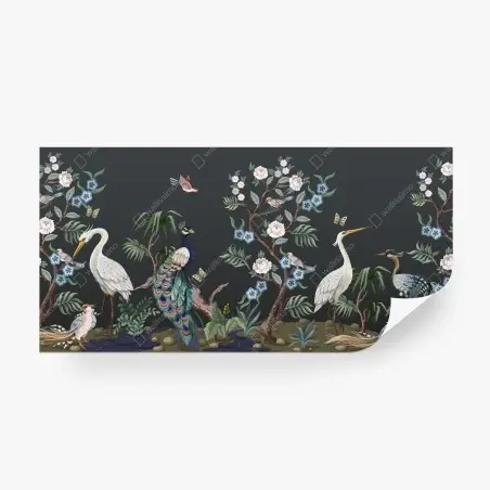 Papier peint jardin d'oiseaux exotique au paon et fleurs – Wallnifity®