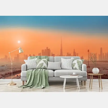 Papier peint panorama orangé de Dubaï au coucher du soleil – Wallnifity®
