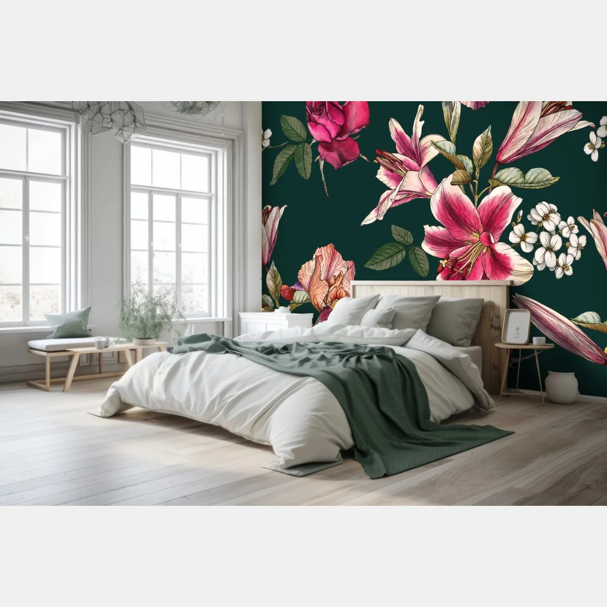 Papier peint motif floral élégant sur fond vert profond – Wallnifity® Papier peint motif floral élégant sur fond vert profond – Wallnifity®