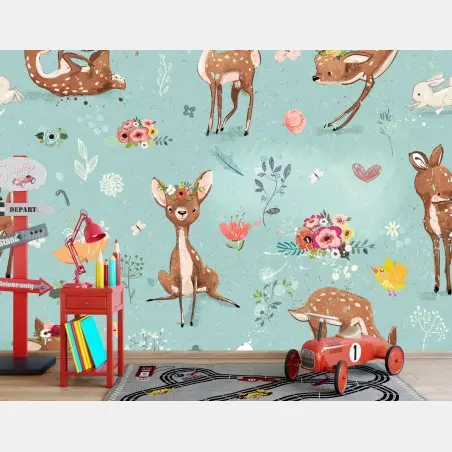 Papier peint douce forêt de faons et lapins – Wallnifity®