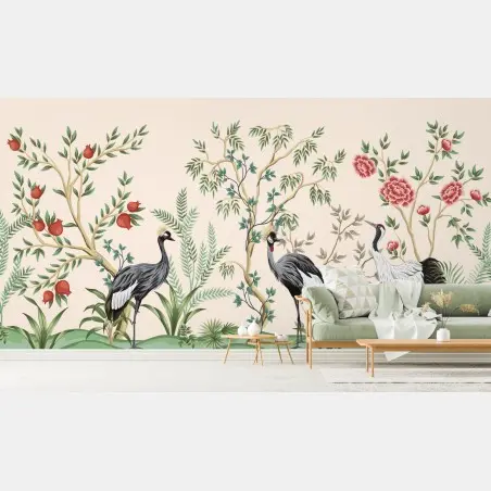 Papier peint scène botanique aux grues élégantes – Wallnifity®
