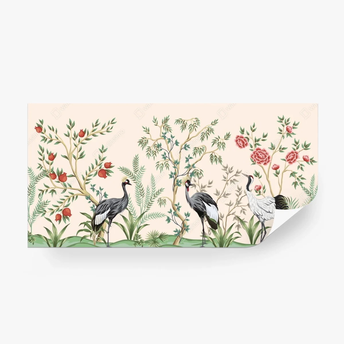 Papier peint scène botanique aux grues élégantes – Wallnifity®