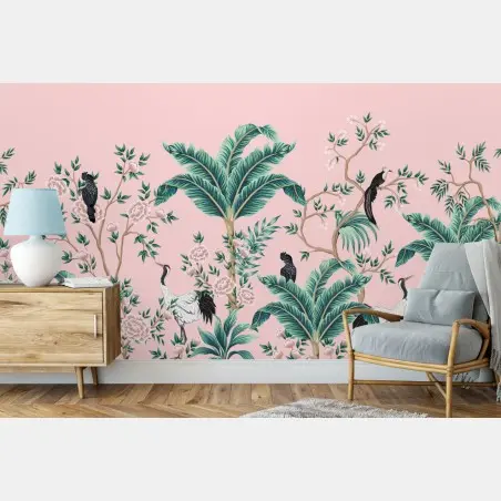Papier peint scène botanique rose aux grues et oiseaux exotiques – Wallnifity®