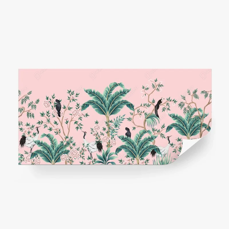 Papier peint scène botanique rose aux grues et oiseaux exotiques – Wallnifity® Papier peint scène botanique rose aux grues et oiseaux exotiques – Wallnifity®