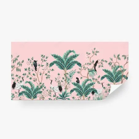 Papier peint scène botanique rose aux grues et oiseaux exotiques – Wallnifity®