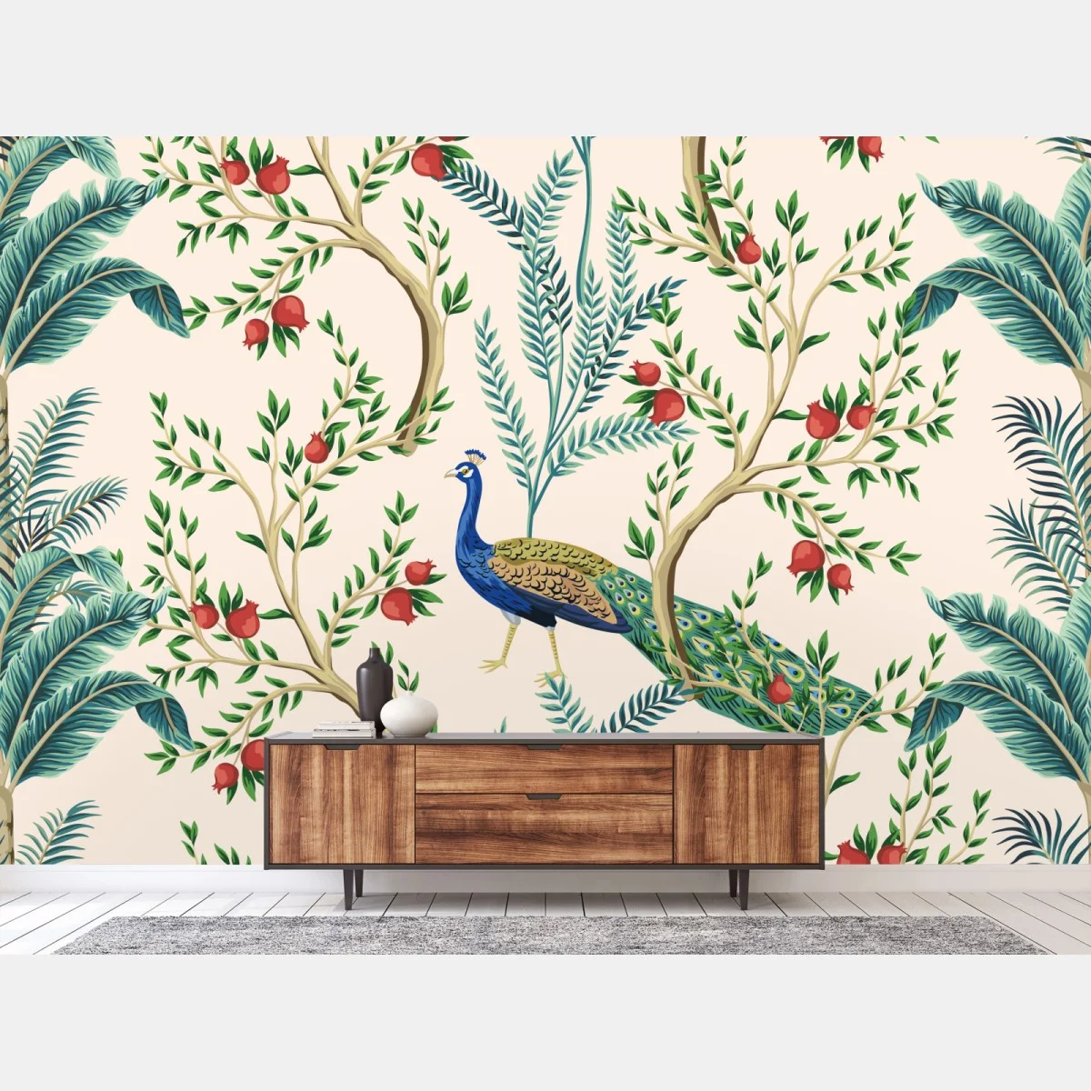 Papier peint motif paon et grenades dans un décor botanique – Wallnifity® Papier peint motif paon et grenades dans un décor botanique – Wallnifity®