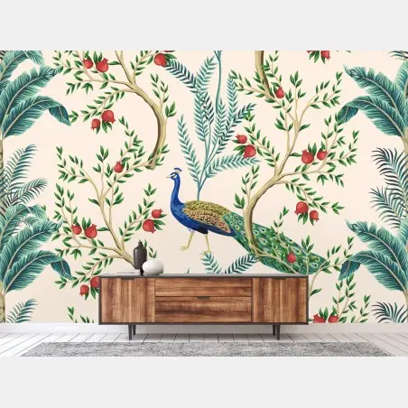 Papier peint motif paon et grenades dans un décor botanique – Wallnifity®