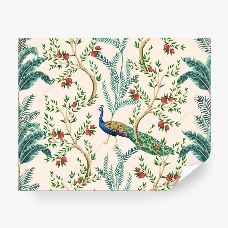 Papier peint motif paon et grenades dans un décor botanique – Wallnifity® Papier peint motif paon et grenades dans un décor botanique – Wallnifity®