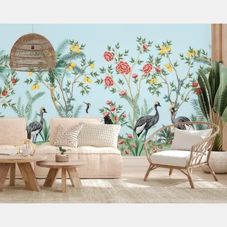 Papier peint jardin tropical aux grues élégantes – Wallnifity®