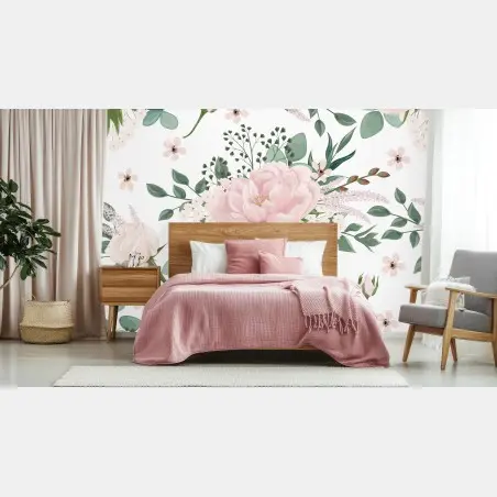 Papier peint bouquet pastel de pivoines et eucalyptus – Wallnifity®