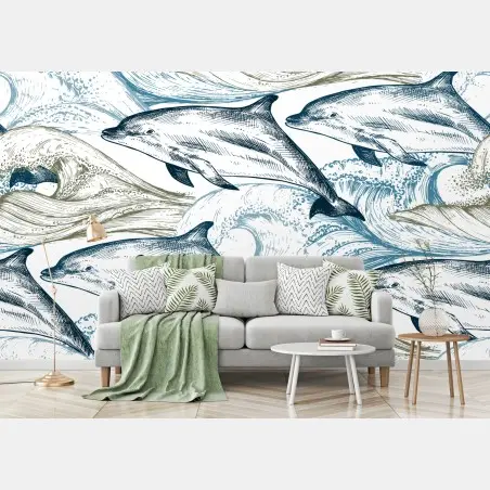 Papier peint danse des dauphins sur vagues stylisées – Wallnifity®