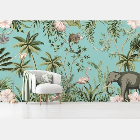 Papier peint jungle tropical vintage sur fond bleu – Wallnifity®