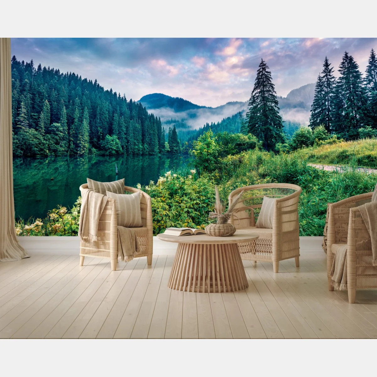 Papier peint aube brumeuse sur le lac Lacu Roșu – Wallnifity® Papier peint aube brumeuse sur le lac Lacu Roșu – Wallnifity®