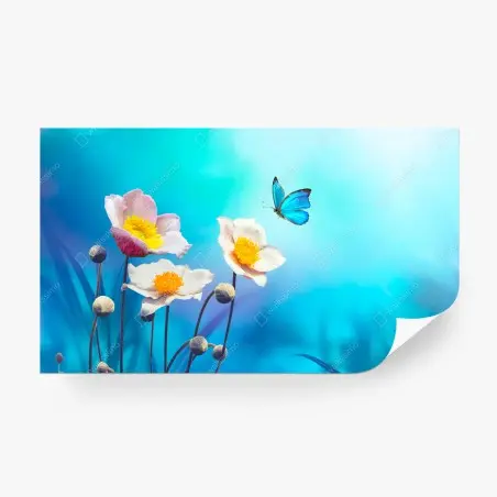 Papier peint élégance printanière — anémones et papillon bleu – Wallnifity®