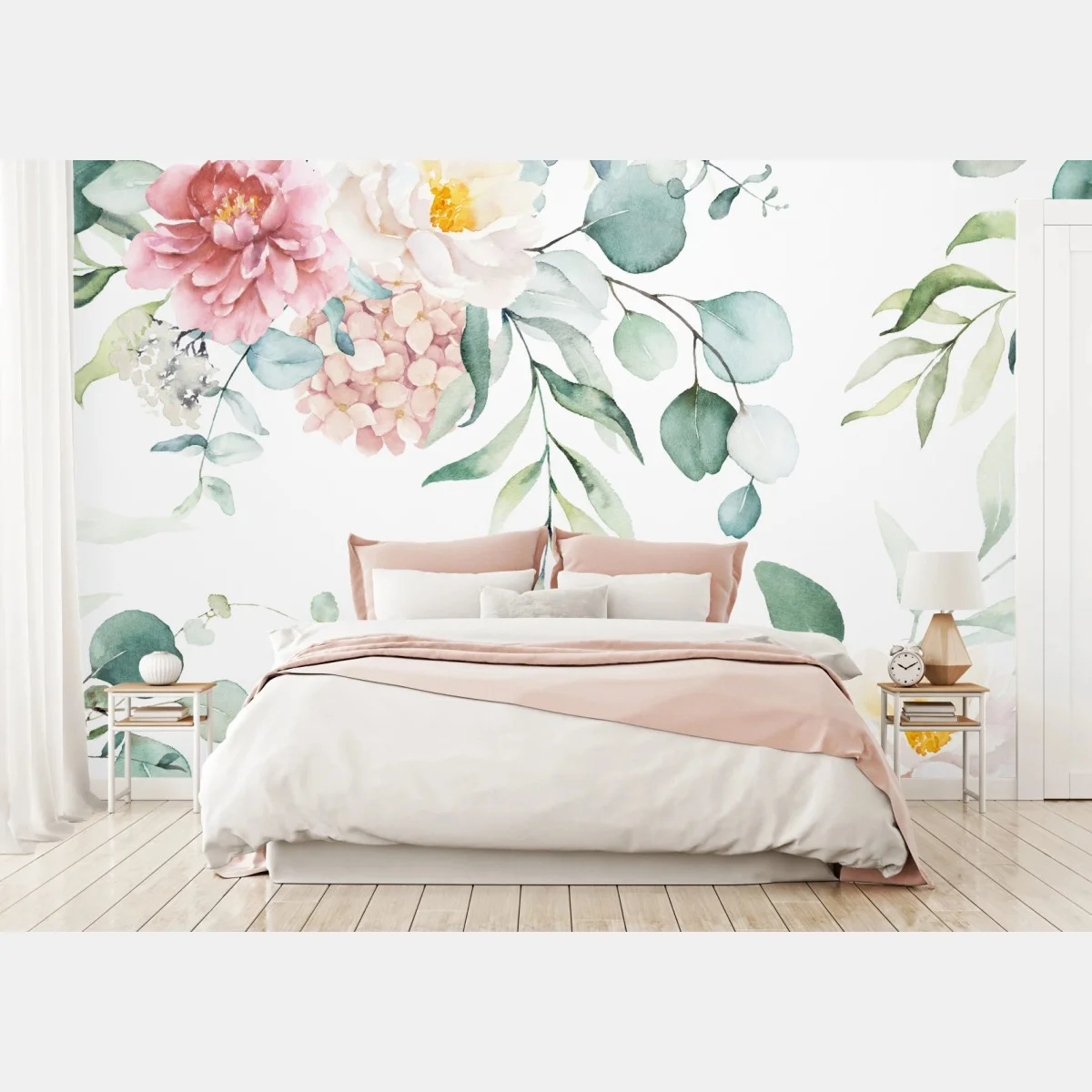 Papier peint motif floral aquarelle aux pivoines et eucalyptus – Wallnifity® Papier peint motif floral aquarelle aux pivoines et eucalyptus – Wallnifity®