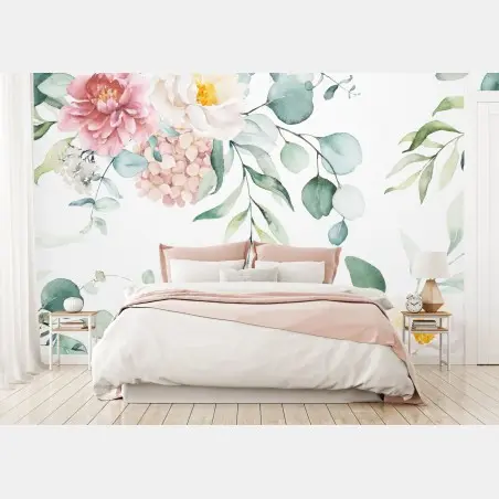Papier peint motif floral aquarelle aux pivoines et eucalyptus – Wallnifity®