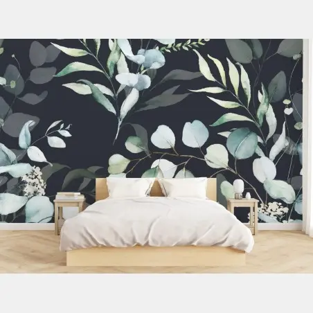 Papier peint motif de feuillages aquarelle sur fond sombre – Wallnifity®