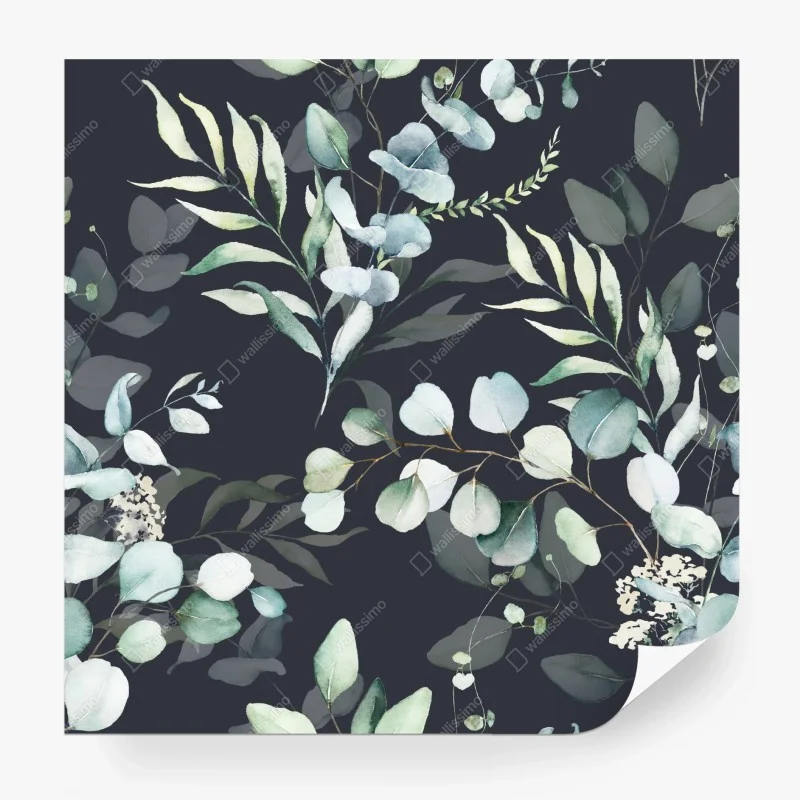 Papier peint motif de feuillages aquarelle sur fond sombre – Wallnifity®