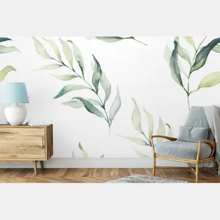 Papier peint motif feuilles aquarelle vertes sur fond blanc – Wallnifity®