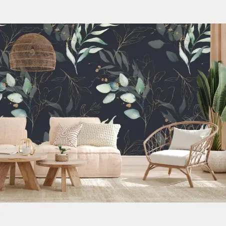 Papier peint motif feuilles aquarelle avec accents dorés sur fond sombre – Wallnifity®