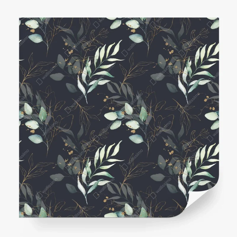 Papier peint motif feuilles aquarelle avec accents dorés sur fond sombre – Wallnifity® Papier peint motif feuilles aquarelle avec accents dorés sur fond sombre – Wallnifity®