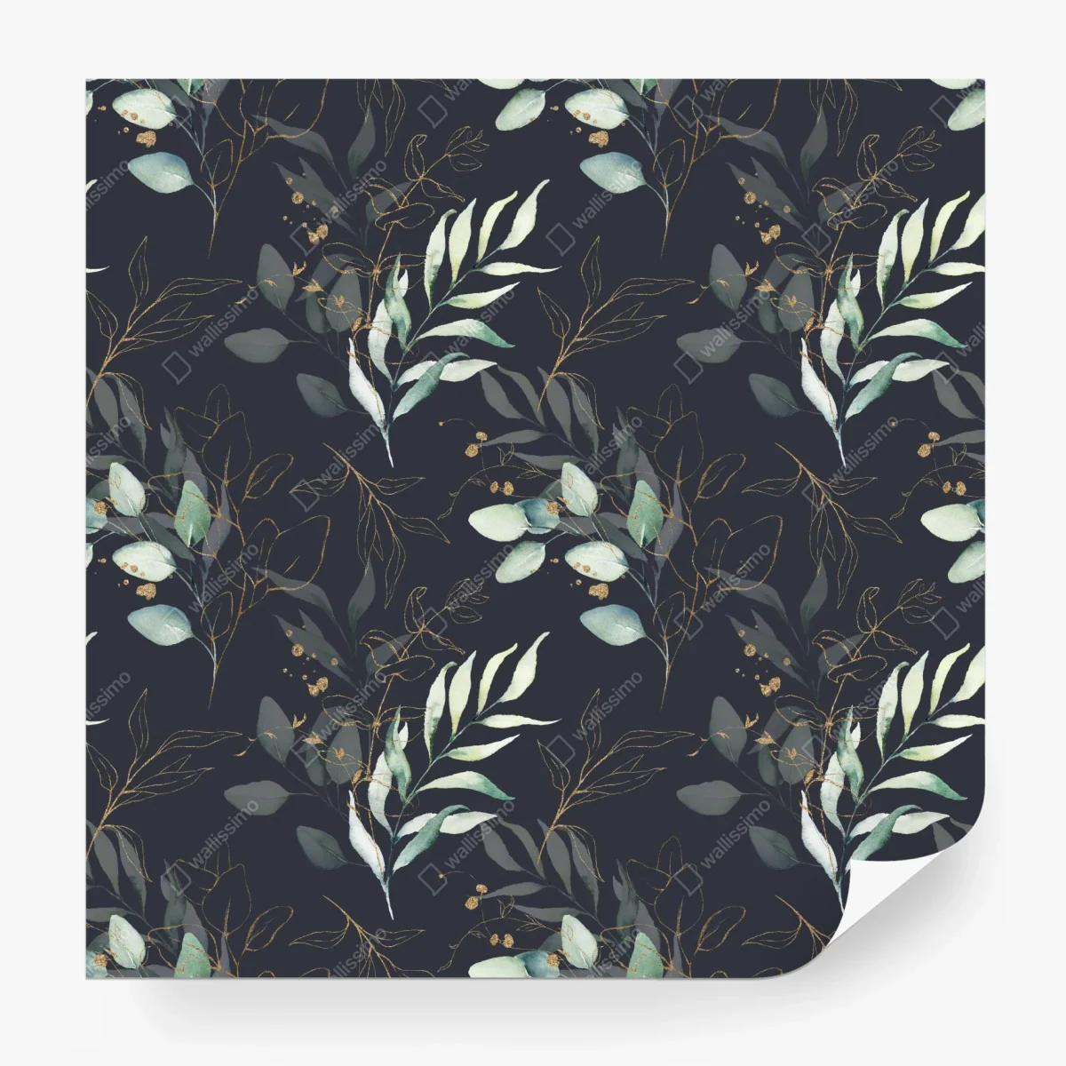 Papier peint motif feuilles aquarelle avec accents dorés sur fond sombre – Wallnifity® Papier peint motif feuilles aquarelle avec accents dorés sur fond sombre – Wallnifity®
