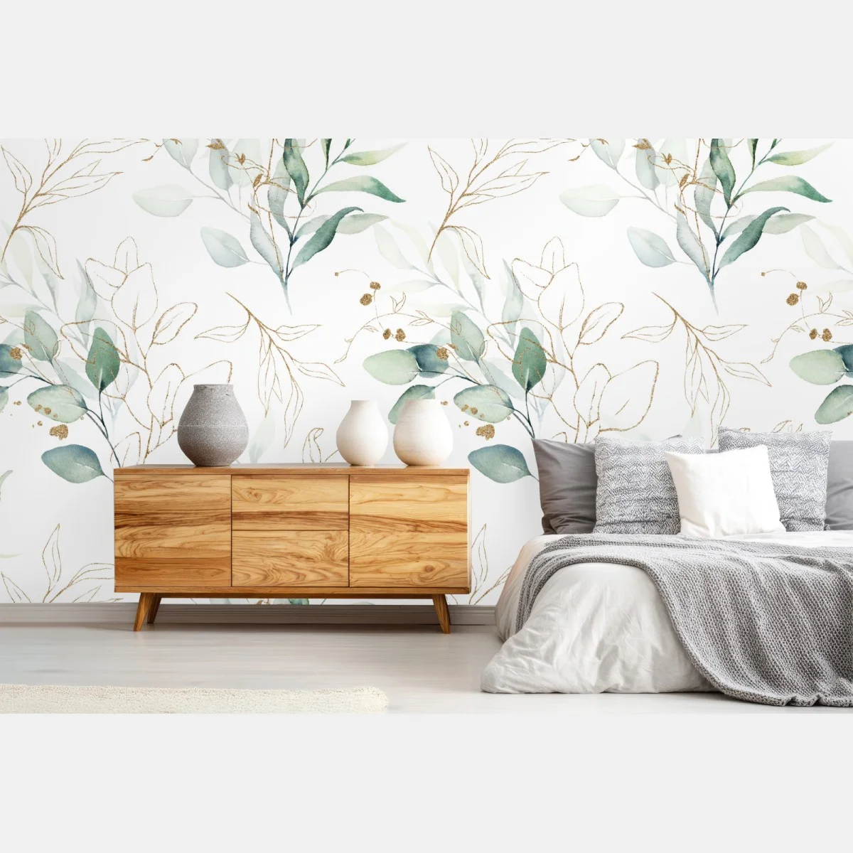 Papier peint motif botanique aquarelle vert et doré – Wallnifity® Papier peint motif botanique aquarelle vert et doré – Wallnifity®