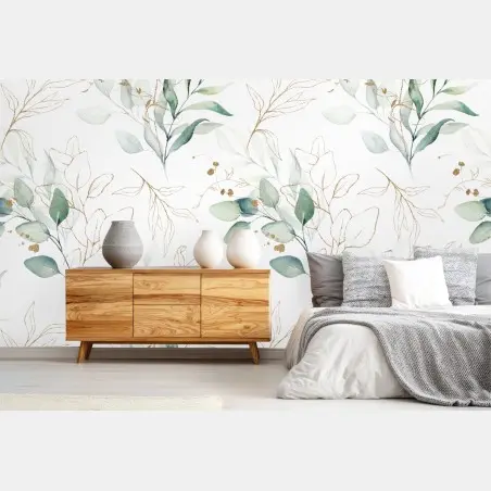 Papier peint motif botanique aquarelle vert et doré – Wallnifity®