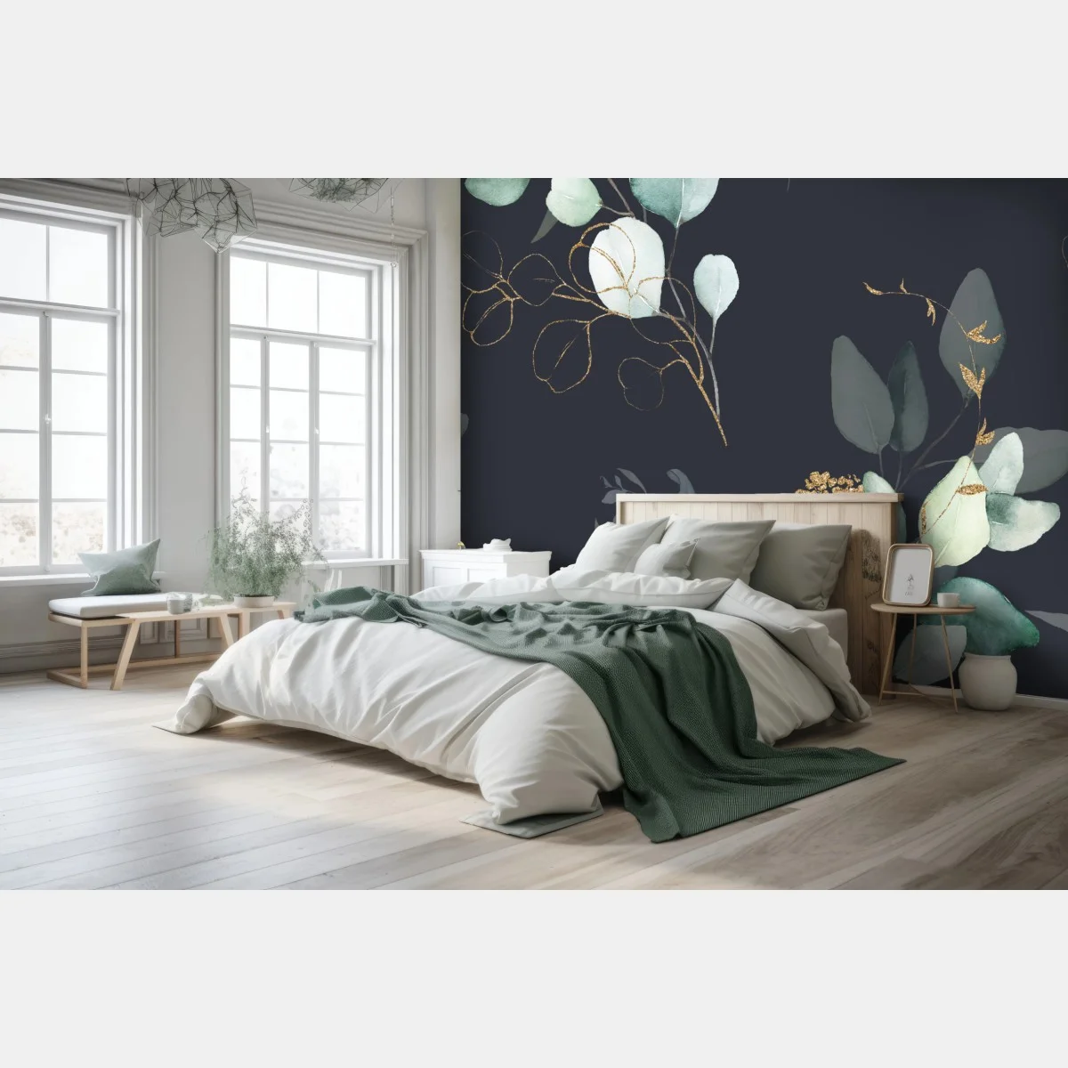 Papier peint motif eucalyptus doré sur fond anthracite – Wallnifity® Papier peint motif eucalyptus doré sur fond anthracite – Wallnifity®